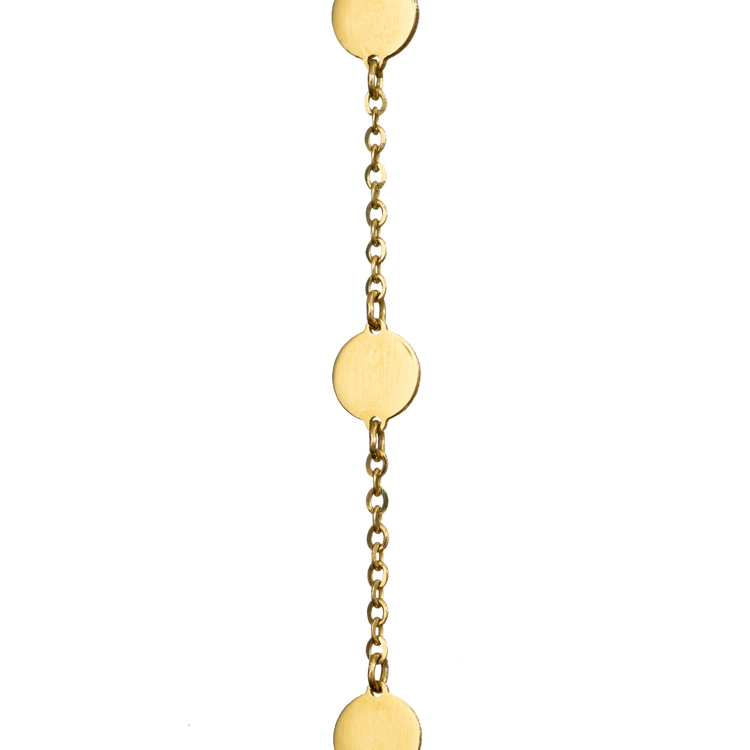 Gold chain with round gold pendants on a white background