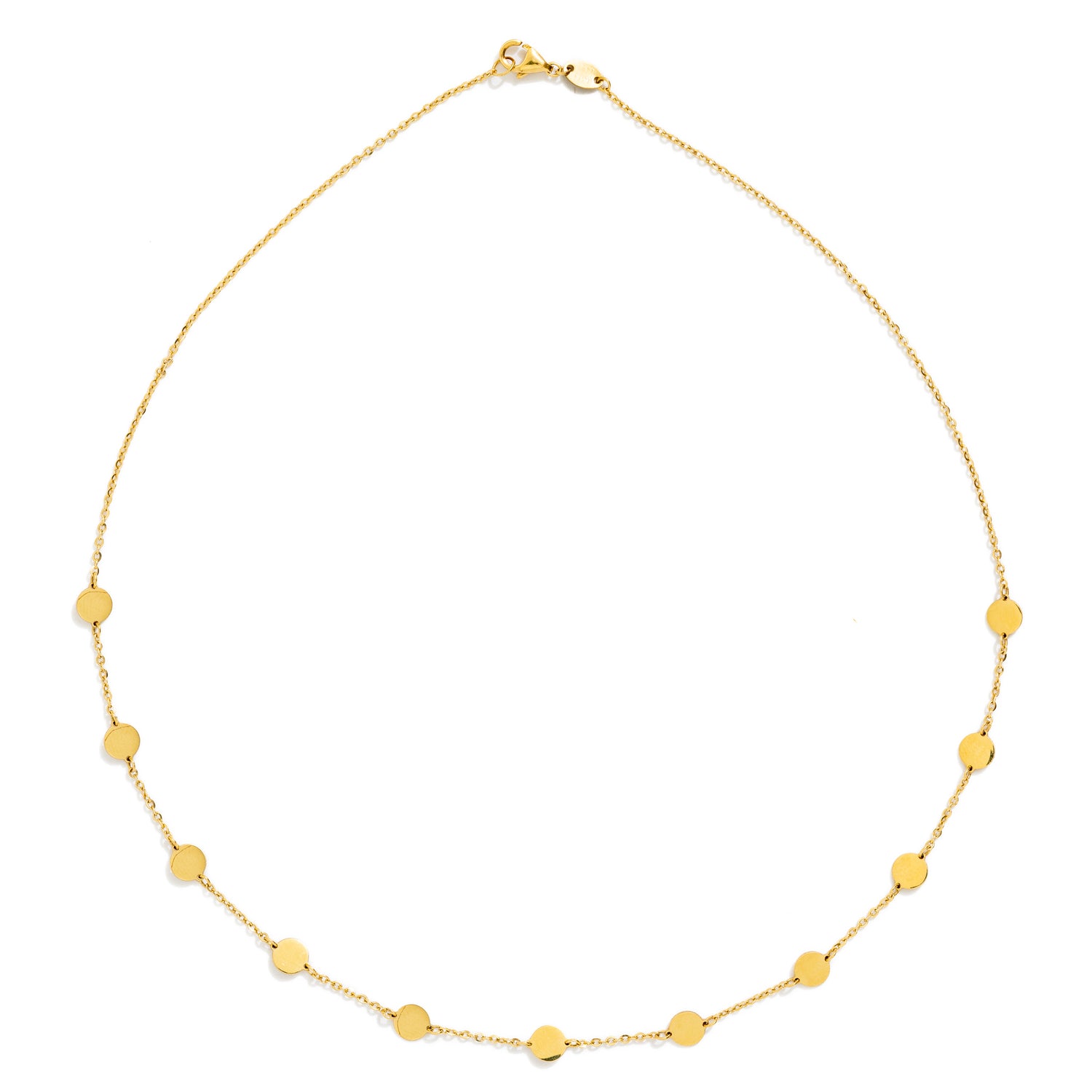 Gold necklace with small round pendants on a white background